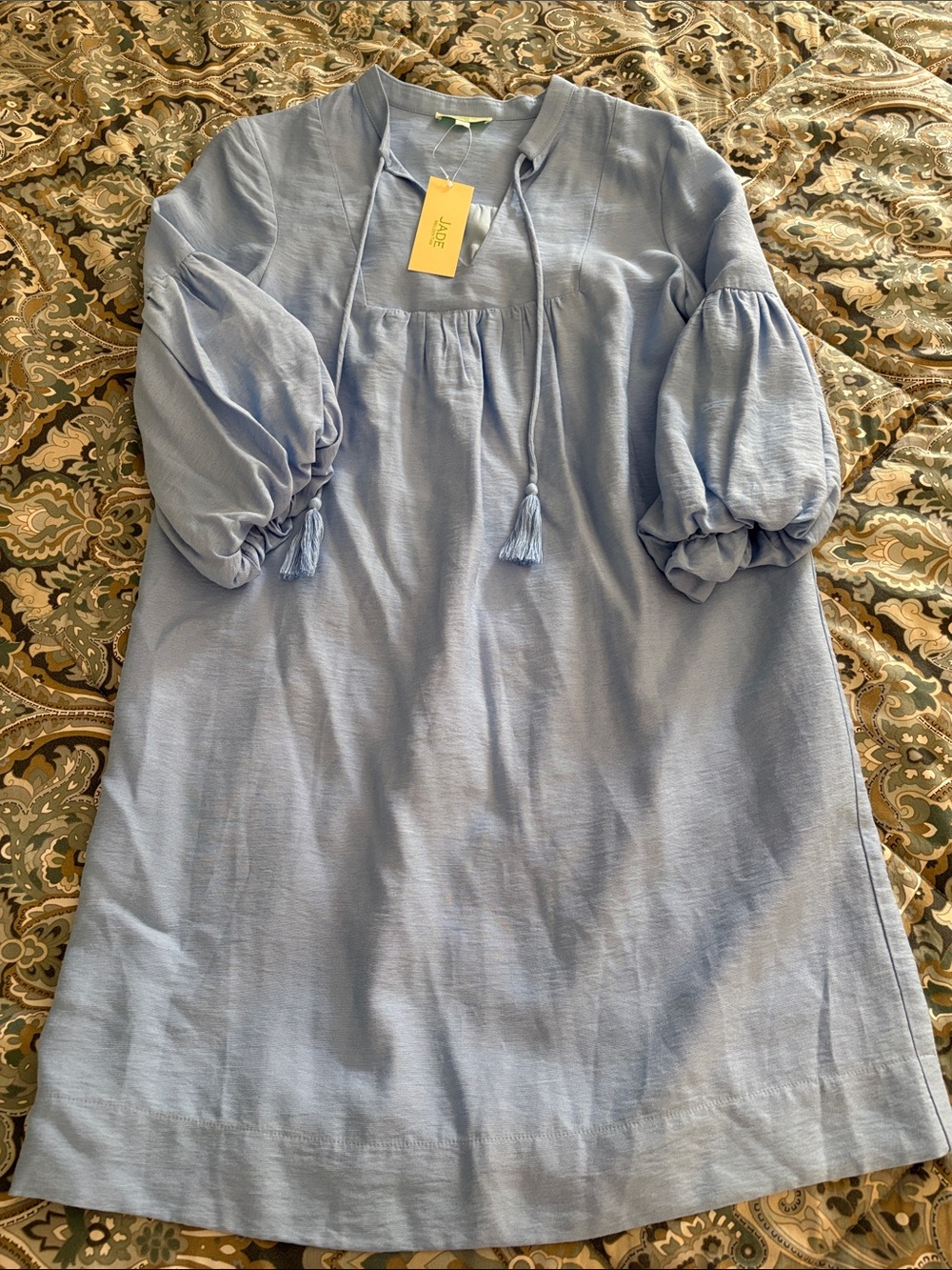 Jade Light Blue Puff-Sleeve Mini Dress with Tassel Tie Size XS NWT